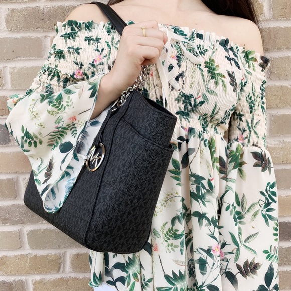 Michael Kors Jet Set Travel Chain Shoulder Tote Black MK Signature - Picture 2 of 3